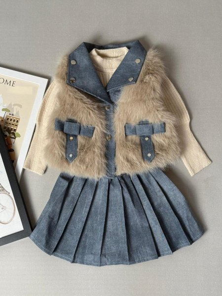 طقم بناتي شتوي تنورة فرو 3-7